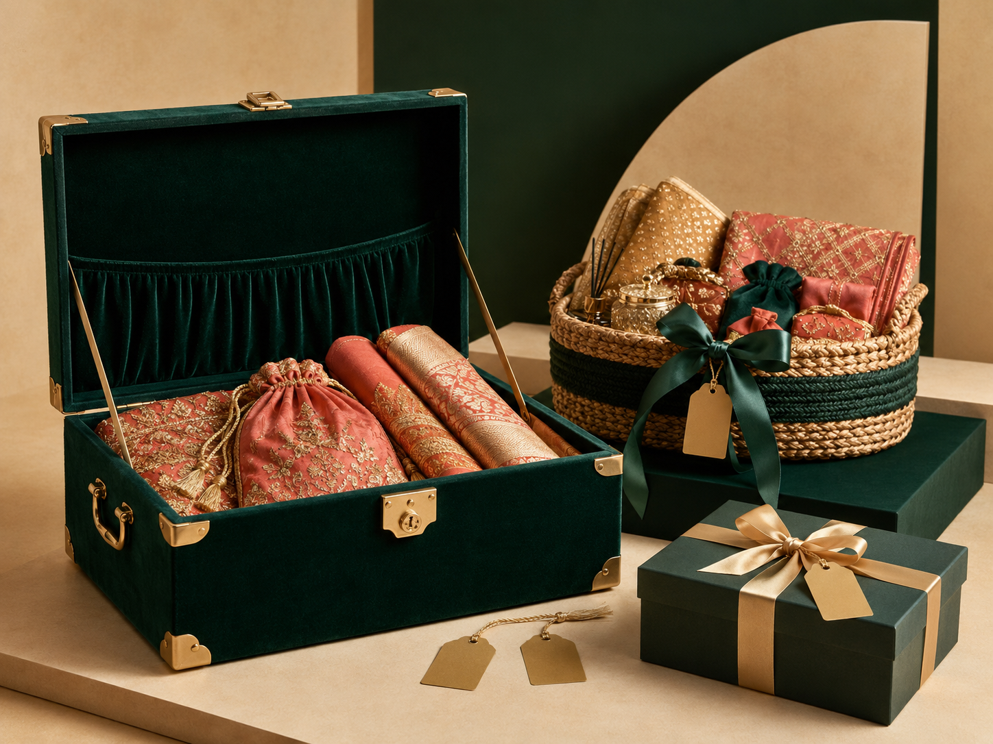 Emerald trunk, basket and textile hamper arrangement