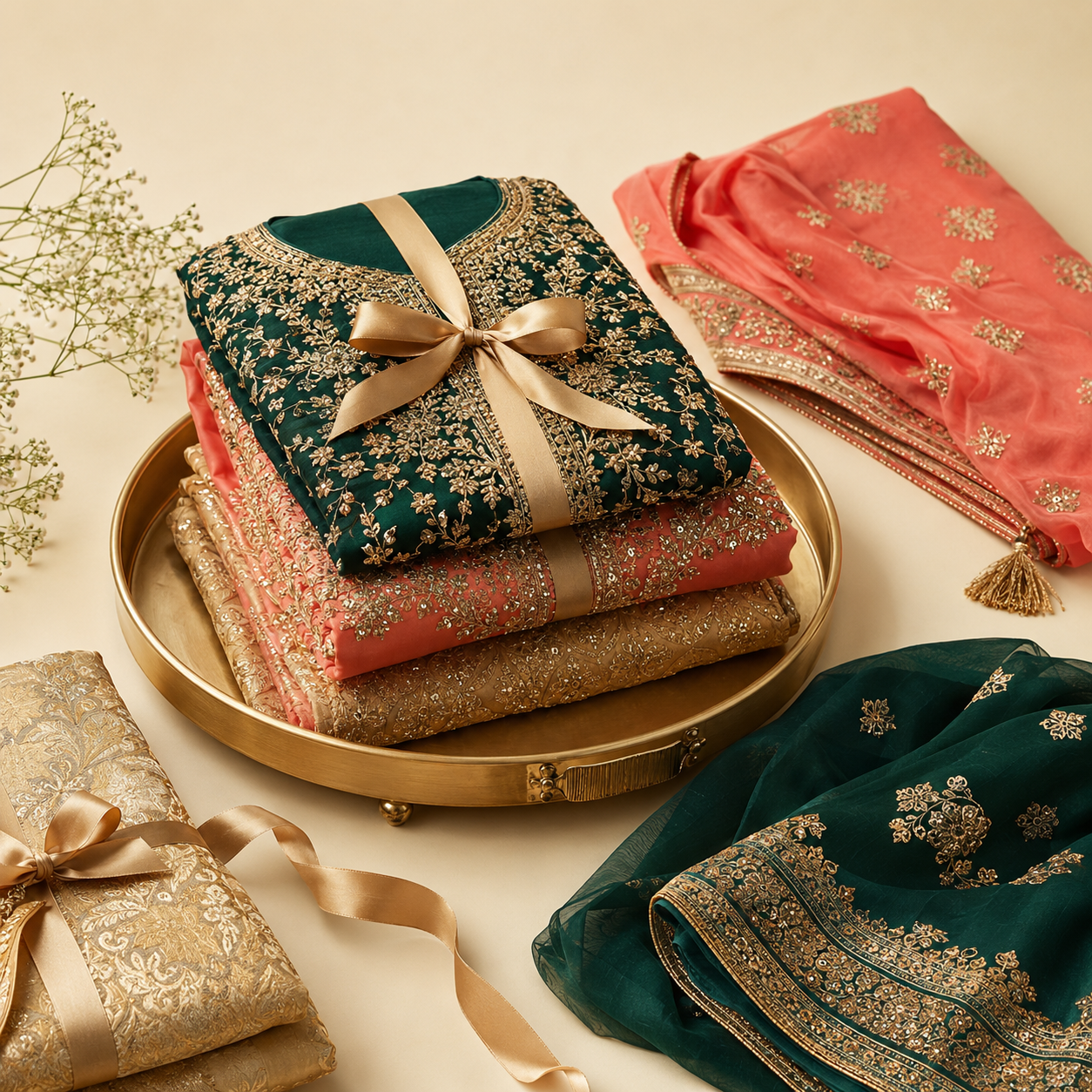 Hand-finished bridal trousseau in emerald, coral and gold